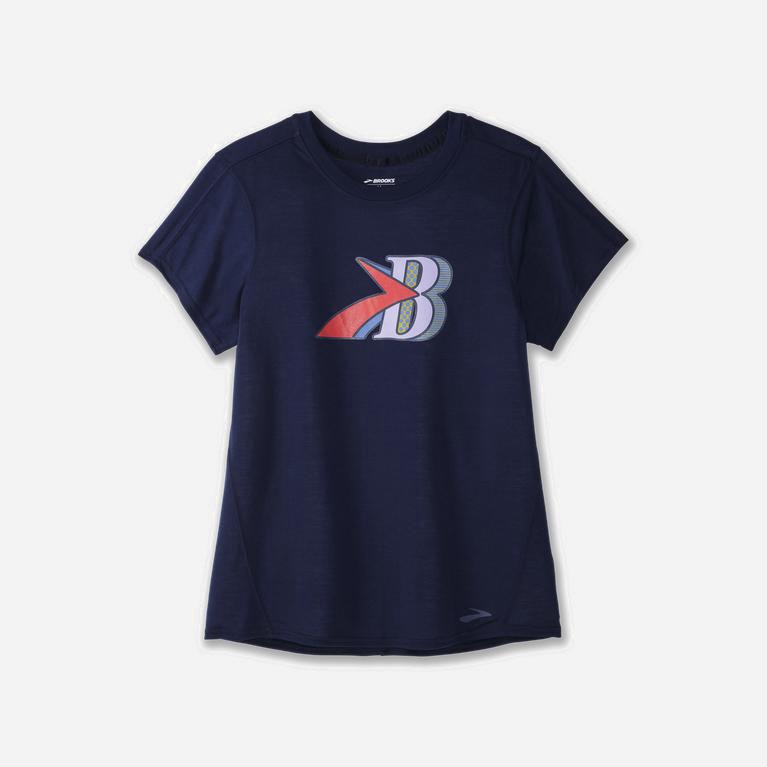 Brooks Distance Graphic NZ - Women's Short Sleeve Running Shirt - Navy/B (68259-IOHD)